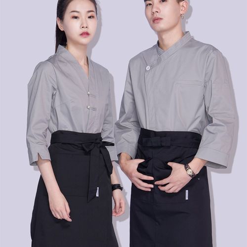 2021纯棉中式盘扣厨师工作服银灰茶楼茶馆中餐厅服务员工作服中袖