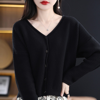 纯棉线长袖针织开衫女短外套毛衣V领宽松休闲外搭短款上衣线衫女
