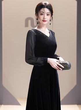 黑色指挥大合唱团演出晚礼服装女长裙艺考主持钢琴演奏朗诵独唱服