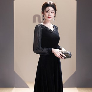 黑色指挥大合唱团演出晚礼服装女长裙艺考主持钢琴演奏朗诵独唱服