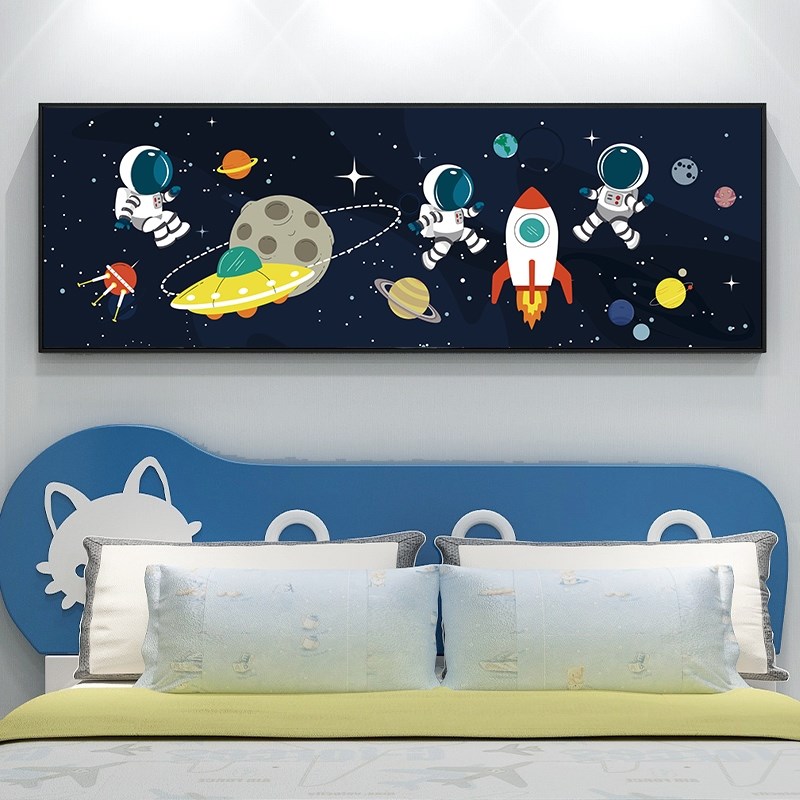 太空人宇航员装饰画男孩儿童房壁画挂画卧室背景墙卡通床头定做