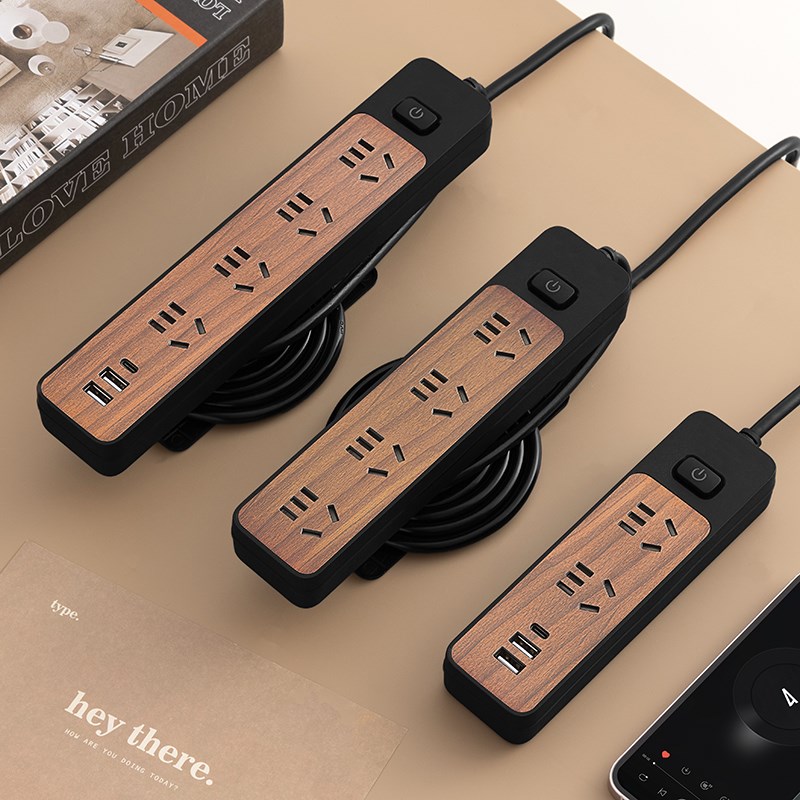 智能多功能插座长线收纳木纹排插带线插排USB拖线板牛插线板两用