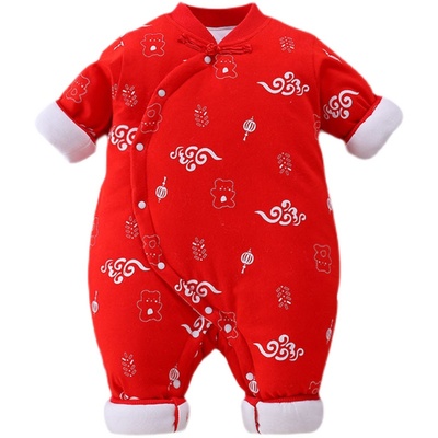 满月婴儿衣服冬红色过年服夹棉冬装两个月宝宝连体衣冬加厚打底
