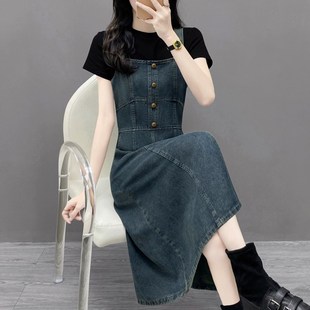 2024中长裙新款前开叉百搭宽松收腰背带裙牛仔吊带a字连衣裙潮裙