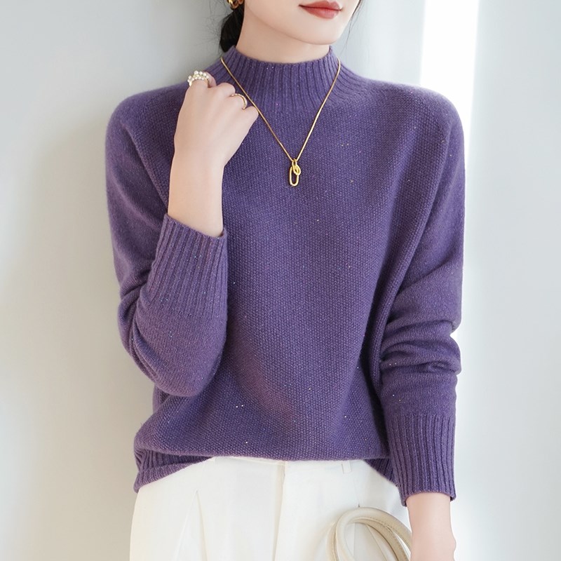 重磅加厚无缝半高领100羊毛衫女2024冬季保暖内搭针织亮片毛衣韩