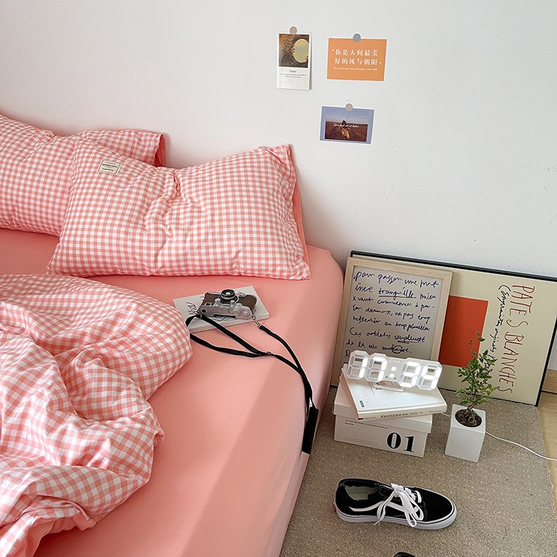 哇神ya!少女粉小格四件套纯棉水洗棉床上用品全棉学生宿舍三件套