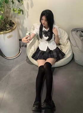 两件套/单件学院风jk制服女短袖收腰后绑带衬衫领结烟灰色百褶裙