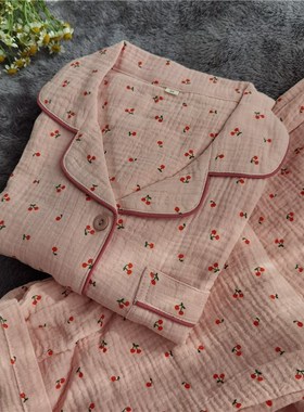 甜美小樱桃纯棉双层纱布绉布薄款翻领短袖长裤长袖套装睡衣家居服