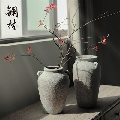 日式粗陶罐花瓶复古禅意花盆插花陶瓷土陶罐水培花器民宿装饰摆件