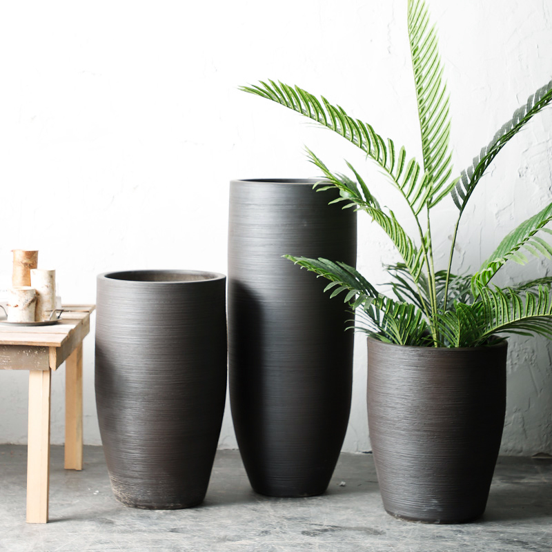 民宿酒店禅意复古黑色拉丝粗陶罐插花瓷器客厅落地大花瓶组合摆件