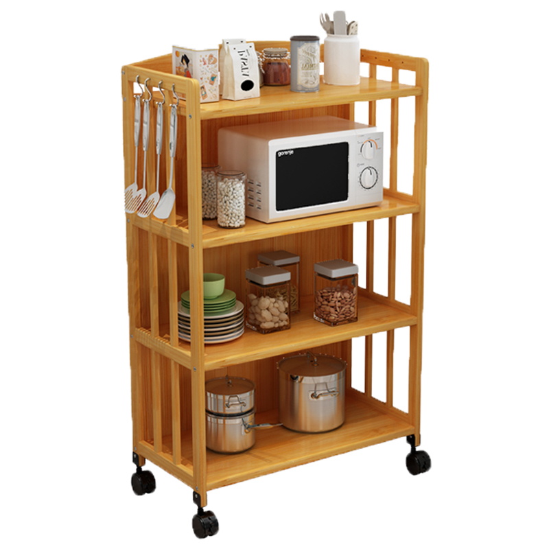 可移动置物架厨房收纳微波炉橱柜推车活动带滑轮落地多层实木架子