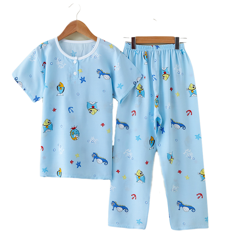 夏季绵绸儿童短袖长裤睡衣套装纯棉绸男女童小孩宝宝睡衣薄款家居