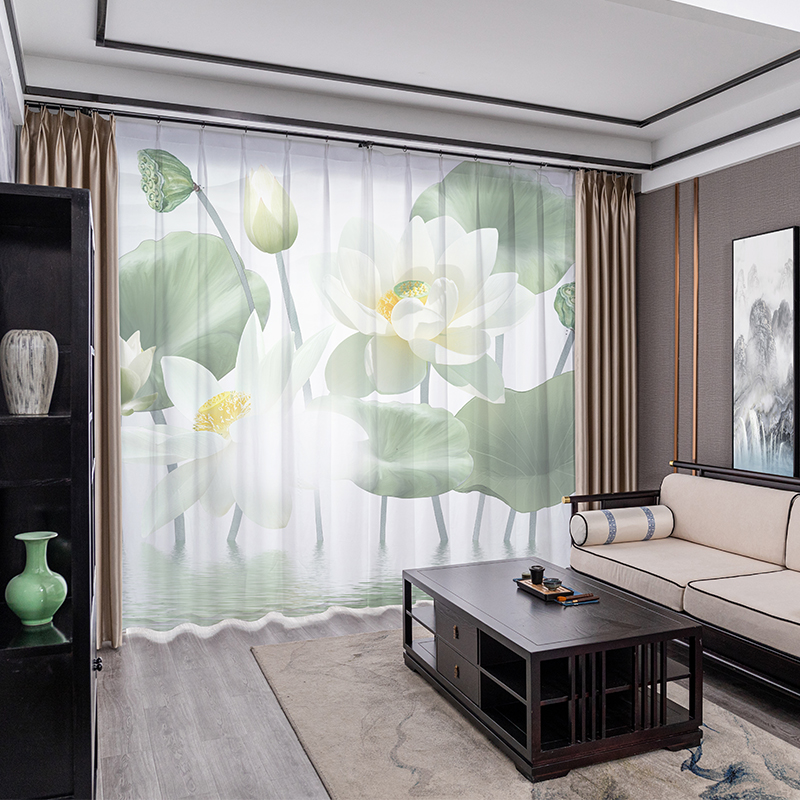 中国风纱帘2021年新款窗纱客厅古风禅意荷花窗帘透光不透人新中式