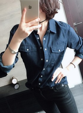 春夏 新款欧美明星街拍简约显瘦百搭珍珠扣烟灰色休闲牛仔衬衫女