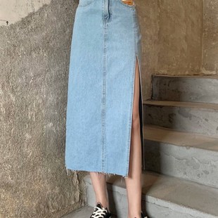 显瘦A字裙 中长版 遮胯大腿粗 开叉牛仔裙女夏高腰半身裙2022新款