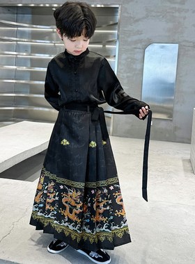 儿童汉服黑色男童唐装中式国风套装春秋款男孩马面裙古装演出服装