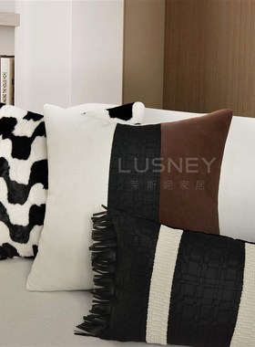 轻奢样板间靠枕黑白波形图案软毛方形高级感沙发抱枕套床上靠背垫