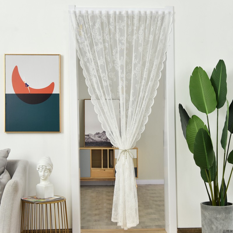 防蚊韩式白色蕾丝魔术贴窗帘窗纱帘厨房装饰帘短帘门帘隔断免打孔