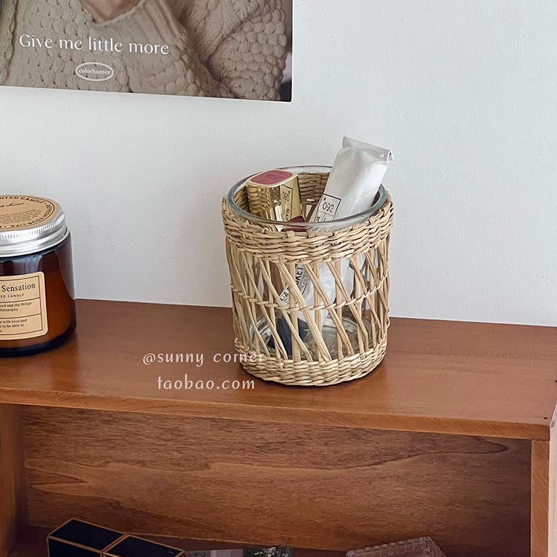 草编多功能化妆刷收纳筒桌面文具笔筒圆柱形手工编织玻璃收纳桶