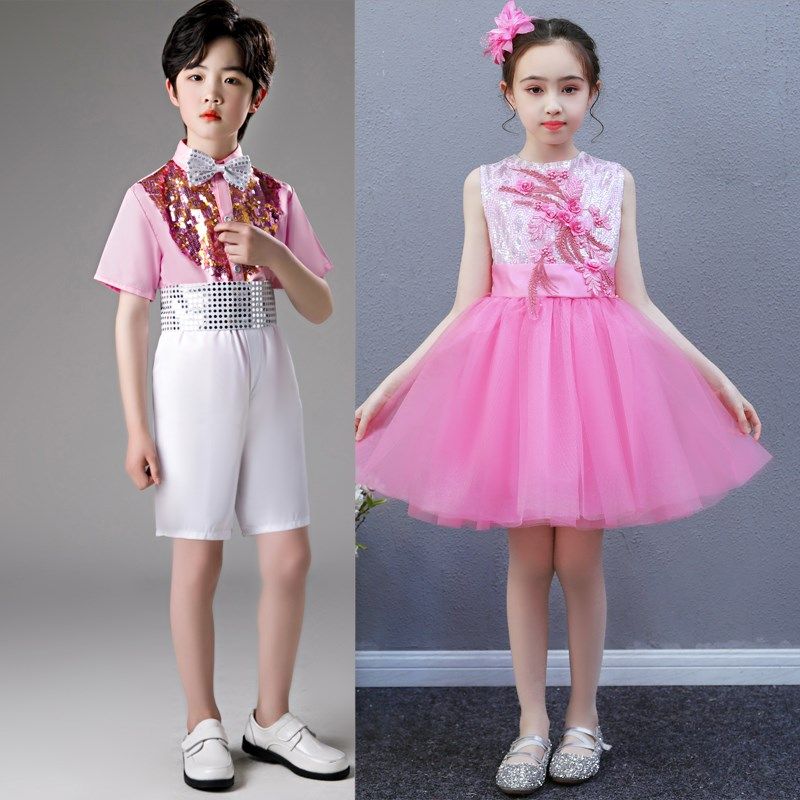 六一儿童节演出服粉色幼儿短袖舞蹈服学生合唱女童蓬蓬纱公主裙新