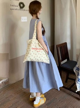 蓝色条纹背心连衣裙女夏季新款小清新收腰显瘦中长款气质无袖裙子