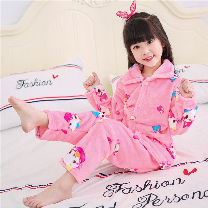 秋冬季儿童加厚珊瑚绒睡衣男童女童法兰绒男孩女孩家居服套装宝宝