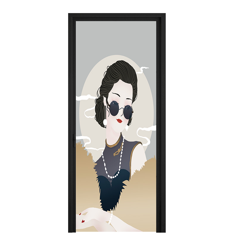 入户门电梯门贴中式美女简约装饰贴画纸防水整张加厚自粘翻新改色图片