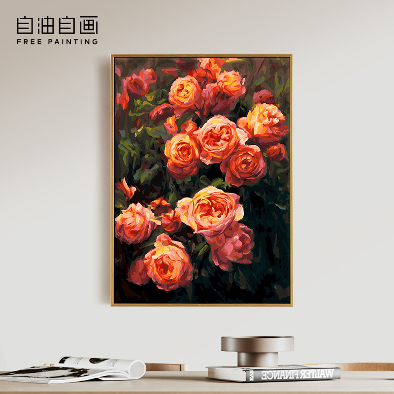 自油自画数字油画diy填充填色手绘手工花卉油彩装饰画 盛放的玫瑰