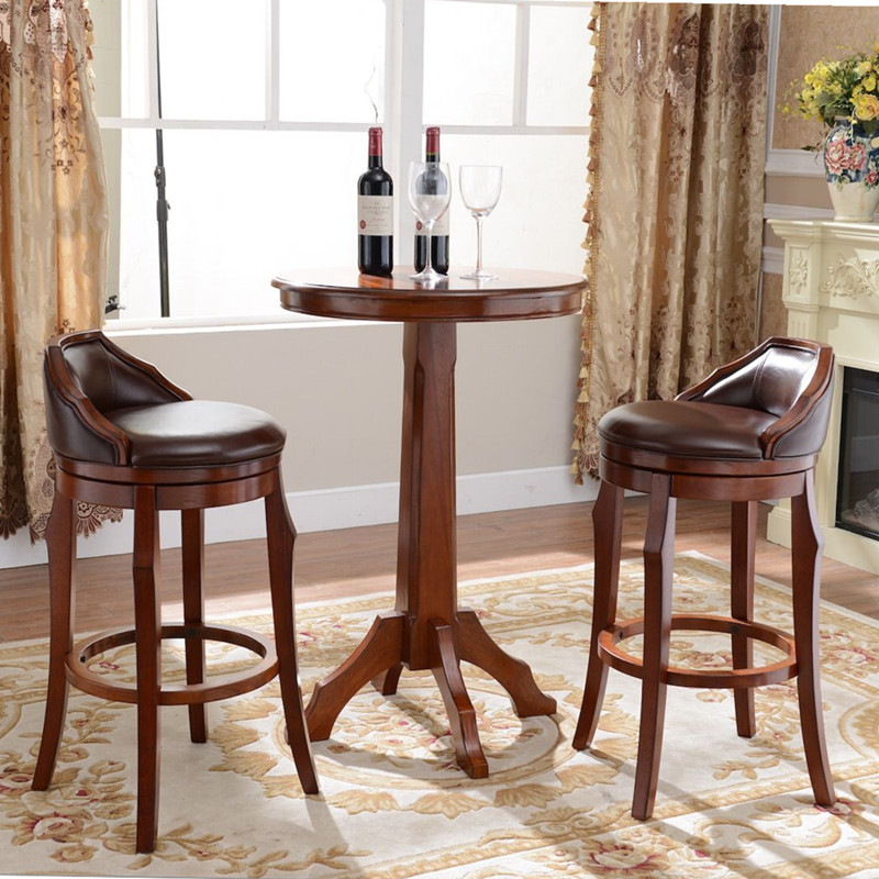 欧式实木吧椅高吧台椅子美式吧凳家用旋转椅酒吧高脚凳实木吧台椅