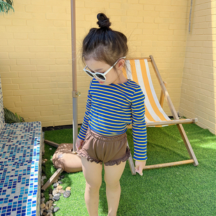 防晒女宝宝温泉可爱条纹游泳衣 儿童洋气分体长袖 女童泳衣夏季 新款