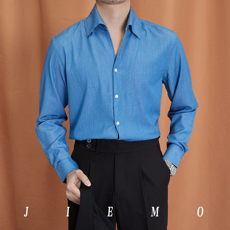 意式休闲高级感一片领牛仔衬衫男士肌理免烫垂感商务正装长袖衬衣