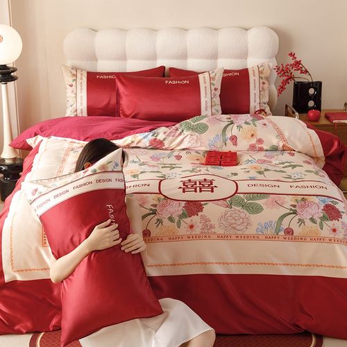 简约中式结婚四件套大红色床单被套全棉纯棉婚庆床上用品婚房喜被