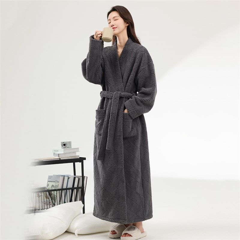 睡袍女秋冬季新款珊瑚绒加绒加厚半边绒睡衣男士浴袍加长款家居服