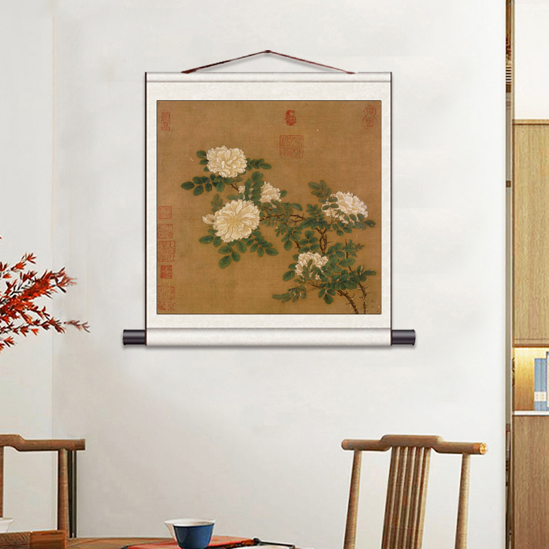 仿古斗方花鸟画清雅荷花丝绸画挂画卷轴画客厅卧室装饰画酒店壁画图片