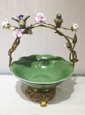 美饰家居陶瓷配铜小鸟提篮果盘 客厅茶几美式家居高端工艺品摆件