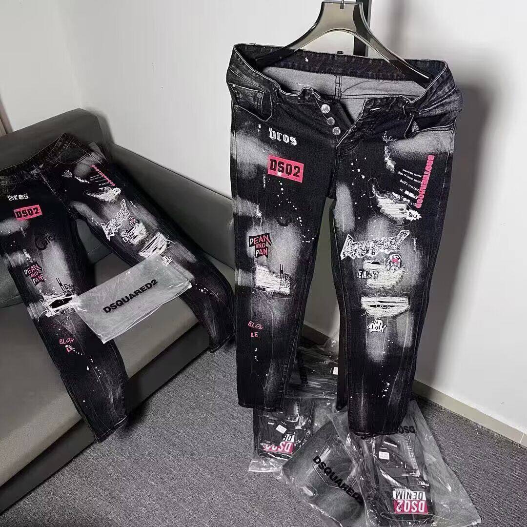 街头风破洞涂鸦牛仔裤男士个性时尚泼墨修身小脚拉链长裤重工潮牌