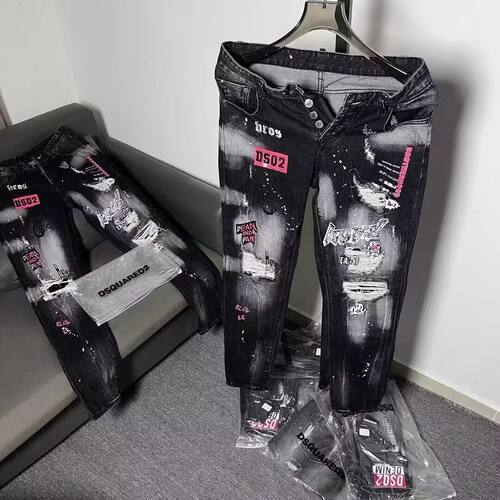 街头风破洞涂鸦牛仔裤男士个性时尚泼墨修身小脚拉链长裤重工潮牌