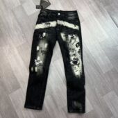 印花潮牌涂鸦假破洞弹力补丁 男泼墨紧身修身 轻奢D2高版 本牛仔裤