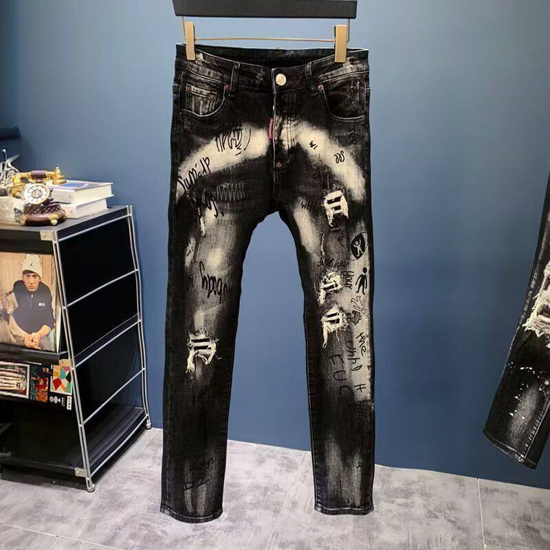 美式高端涂鸦泼墨破洞牛仔裤男女百搭潮流修身小脚裤高质量长裤子