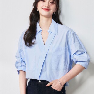 25春夏气质职场斜门襟V领套头五分袖 通勤小众休闲上衣25079 衬衫