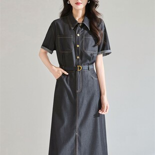 连衣裙收腰直筒中长裙25763 仿牛仔衬衫 2026夏季 简约通勤翻领短袖