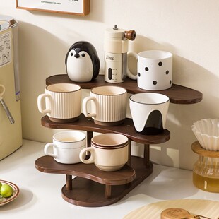 木制胡桃桌面收纳置物架实木香水咖啡杯架杯子水杯阶梯木质展示架