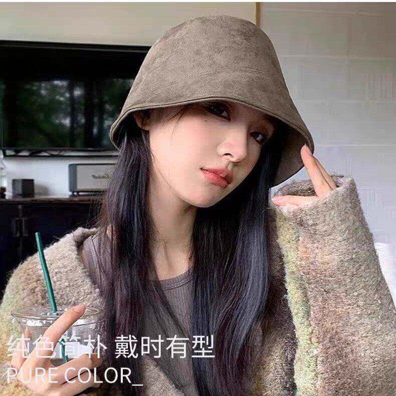 秋冬季新款麂皮绒大头围渔夫帽子女款显脸小百搭气质遮脸水桶盆帽