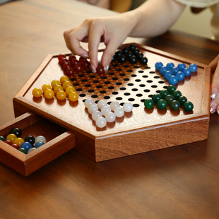 跳棋玛瑙高档玻璃球大号老式加大儿童益智木质棋盘亲子弹子跳棋