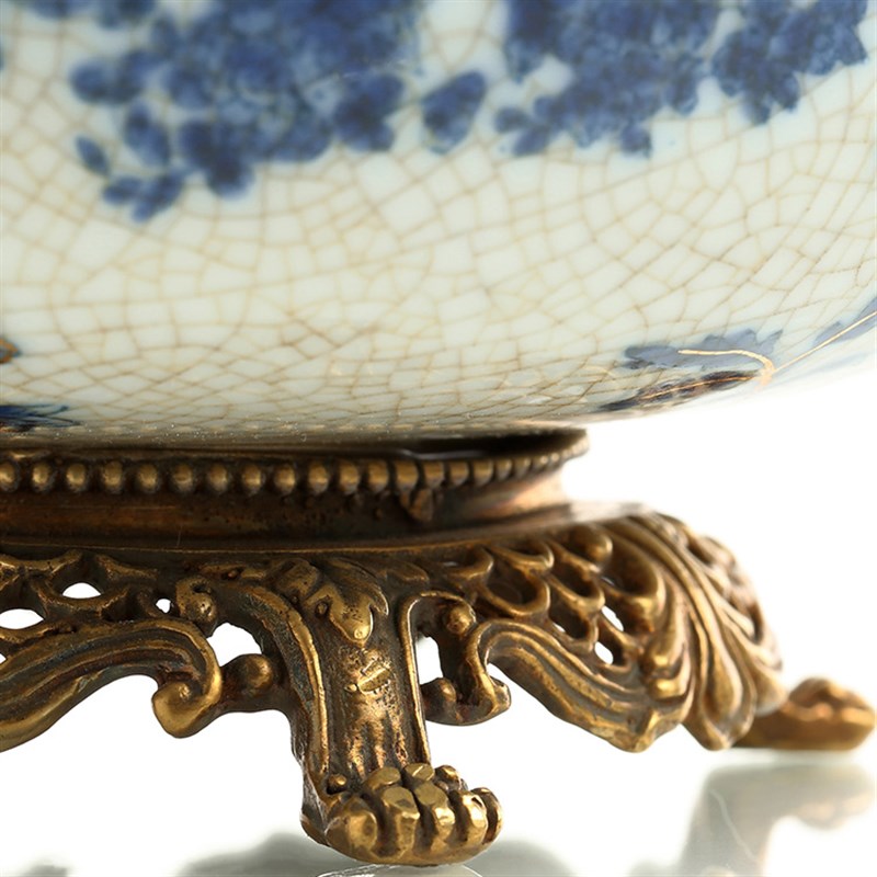 欧式高档烟灰缸美式客厅茶几家用装饰品陶瓷配铜青花瓷描金摆件品