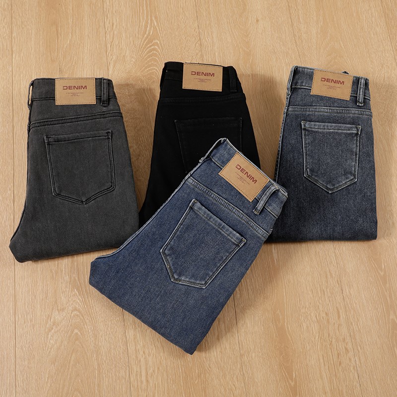 加绒加厚牛仔裤女蓝灰色高腰2024冬修身显瘦显高弹力紧身小脚铅笔