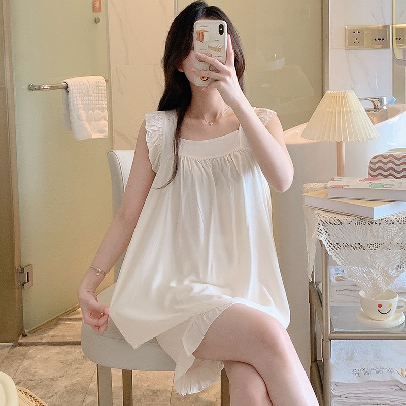 公主风睡衣女夏季薄款高中初中生少女绵绸家居服纯白吊带绵绸套装