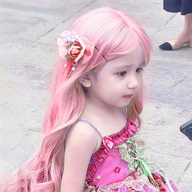 儿童假发cos小花仙粉色长卷发节日表演空气刘海萝莉风女孩全头套