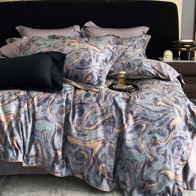 轻奢高级感120S长绒棉磨毛四件套全棉鎏彩绘被套床单秋冬床上用品