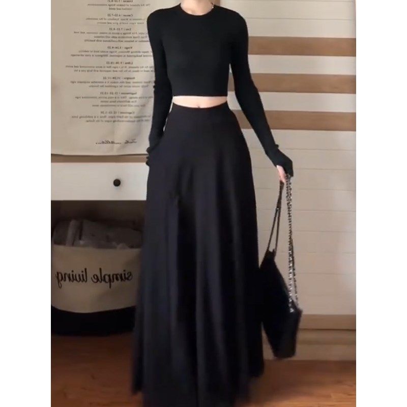 春季新款黑色伯克利半裙女大码显瘦遮肚a字到脚踝半身超长裙子潮